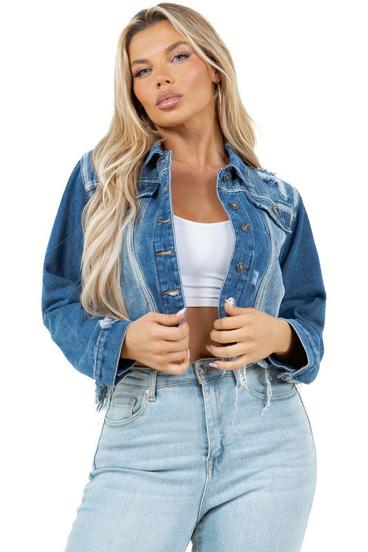 DISTRESSED CROP DENIM TRUCKER JACKET