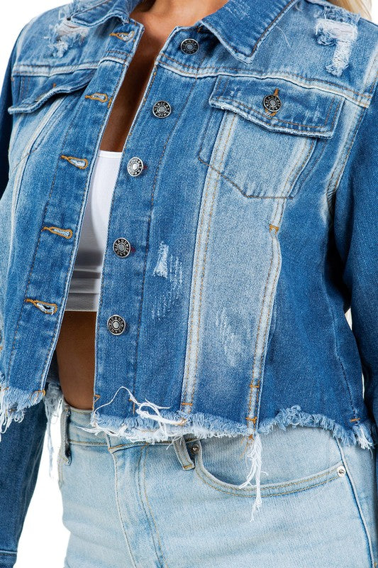 DISTRESSED CROP DENIM TRUCKER JACKET