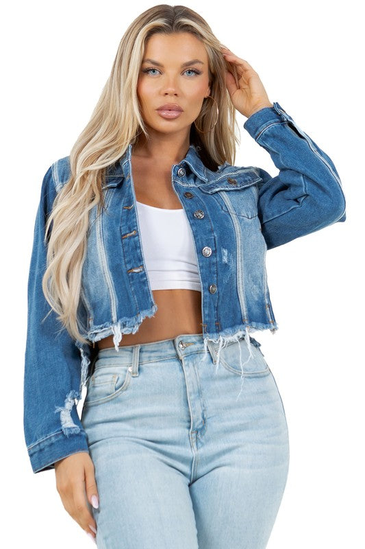 DISTRESSED CROP DENIM TRUCKER JACKET