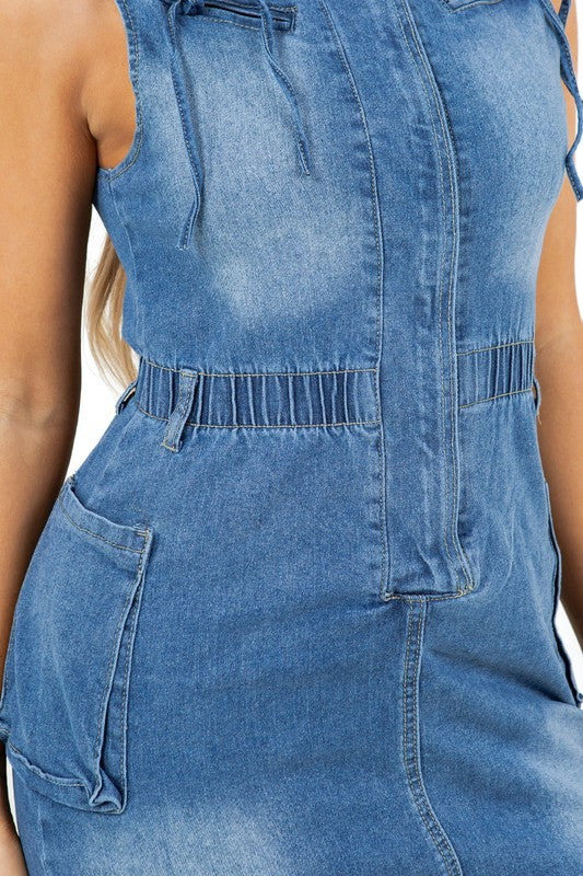 SLEEVELESS DENIM MINI DRESS