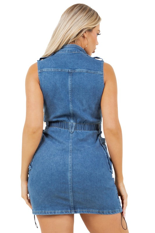 SLEEVELESS DENIM MINI DRESS