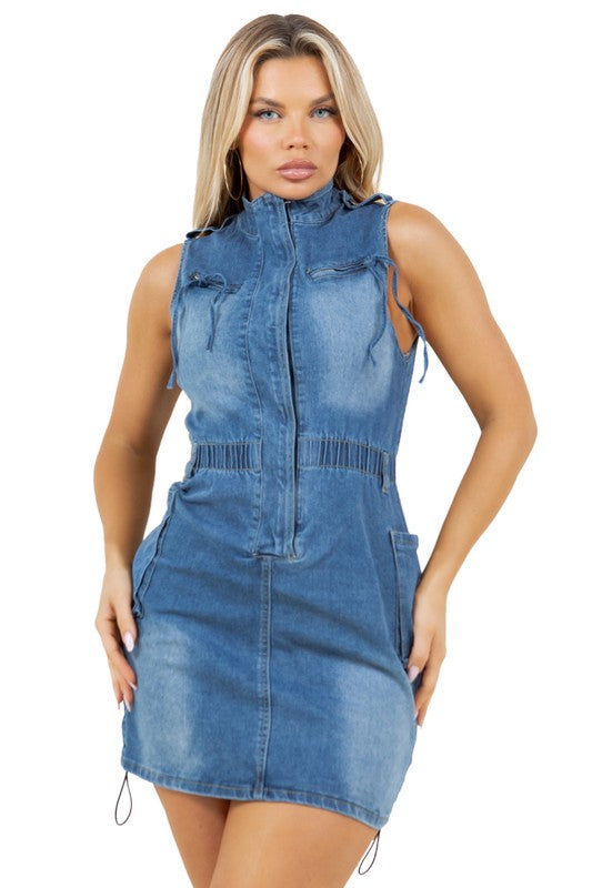 SLEEVELESS DENIM MINI DRESS