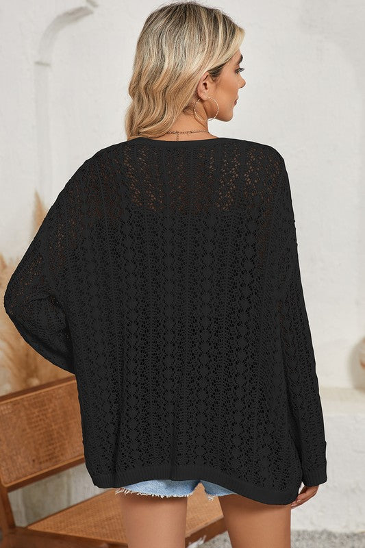 CROCHET KNIT DROP SHOULDER OPEN FRONT CARDIGAN