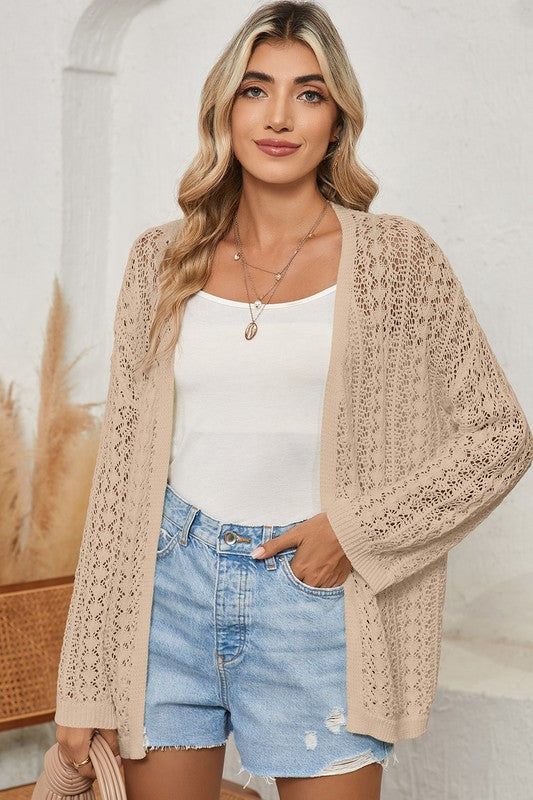 CROCHET KNIT DROP SHOULDER OPEN FRONT CARDIGAN