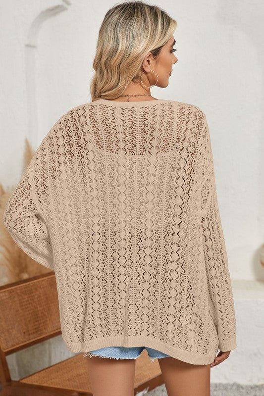 CROCHET KNIT DROP SHOULDER OPEN FRONT CARDIGAN