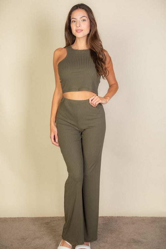 RIBBED CROPPED TOP AND BOOTCUT PANTS SET