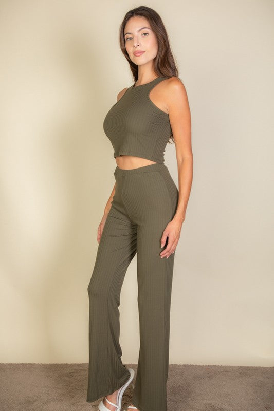 RIBBED CROPPED TOP AND BOOTCUT PANTS SET