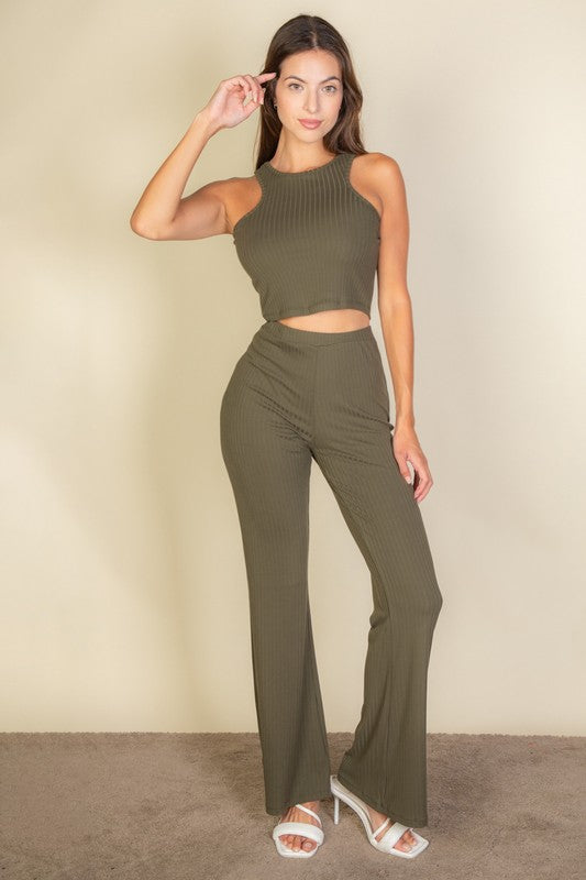 RIBBED CROPPED TOP AND BOOTCUT PANTS SET