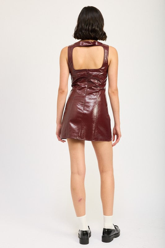 SQUARE NECK LEATHER MINI DRESS WITH OPEN BACK