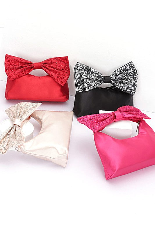 RHINESTONE BOW TIE SATIN TOP HANDLE CLUTCH