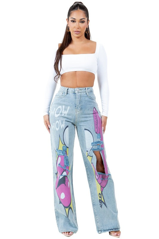 PRINTED DENIM JEANS