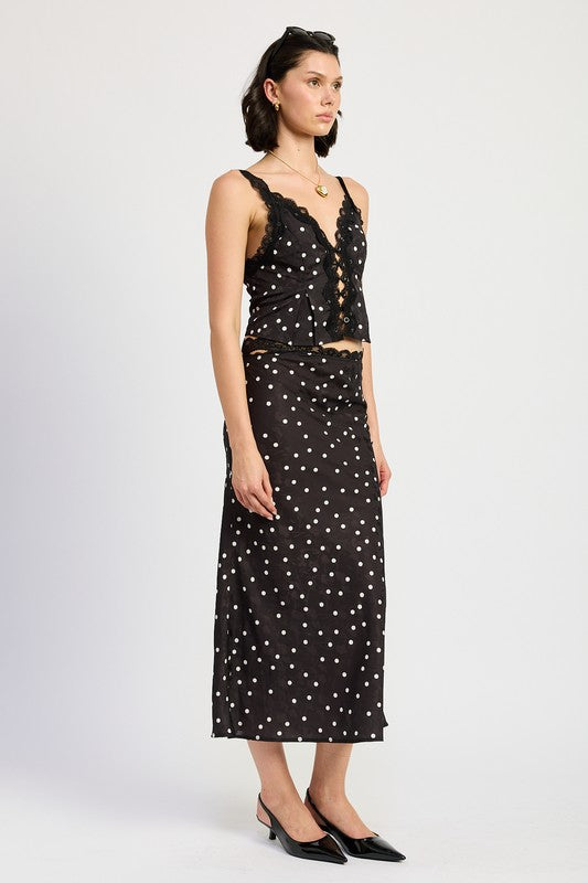 POLKA DOT SATIN MIDI SKIRT WITH LACE TRIM