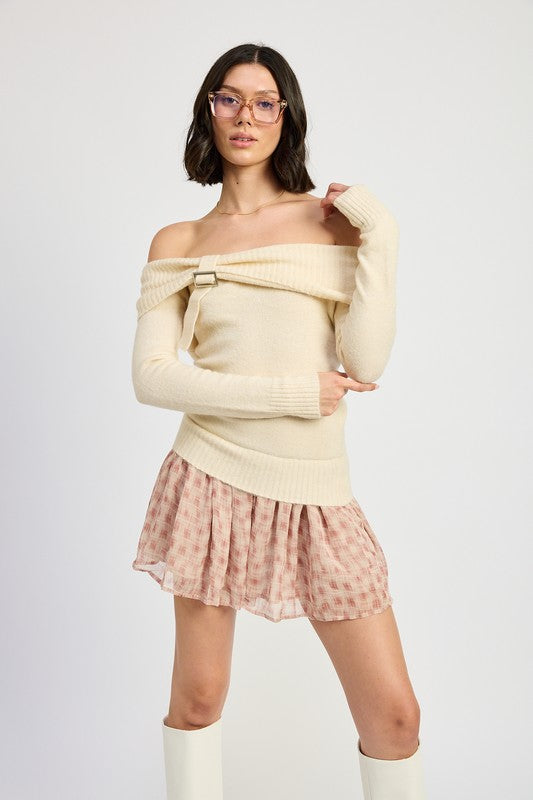 MIXED MEDIA OFF THE SHOULDER MINI DRESS