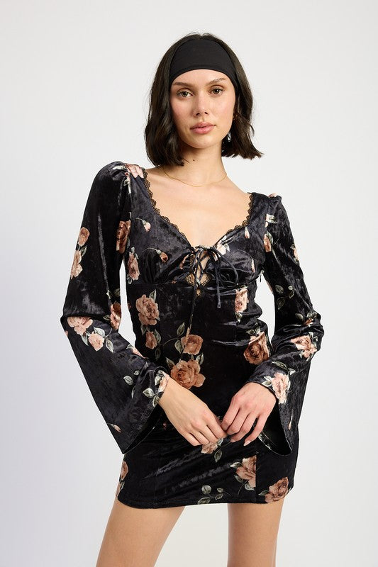 LACE UP FLORAL DRESS WITH OPEN BACK