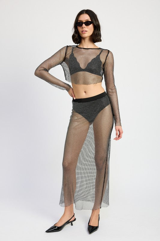 RHINESTONES MESH CROPPED TOP