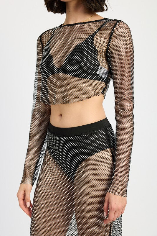 RHINESTONES MESH CROPPED TOP