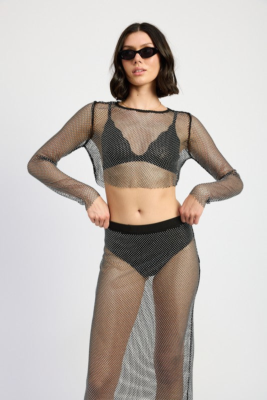 RHINESTONES MESH CROPPED TOP