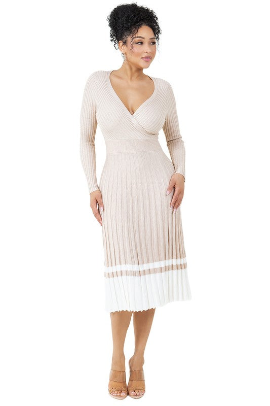 LONG SLEEVE PLEATED MIDI SWEATER DRESS