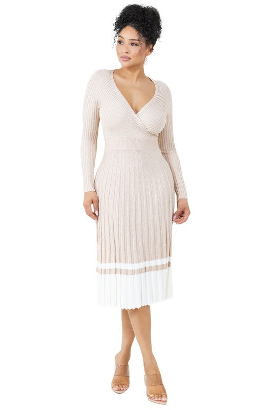 LONG SLEEVE PLEATED MIDI SWEATER DRESS