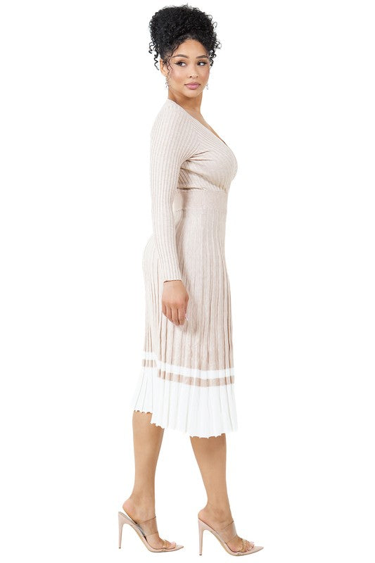 LONG SLEEVE PLEATED MIDI SWEATER DRESS