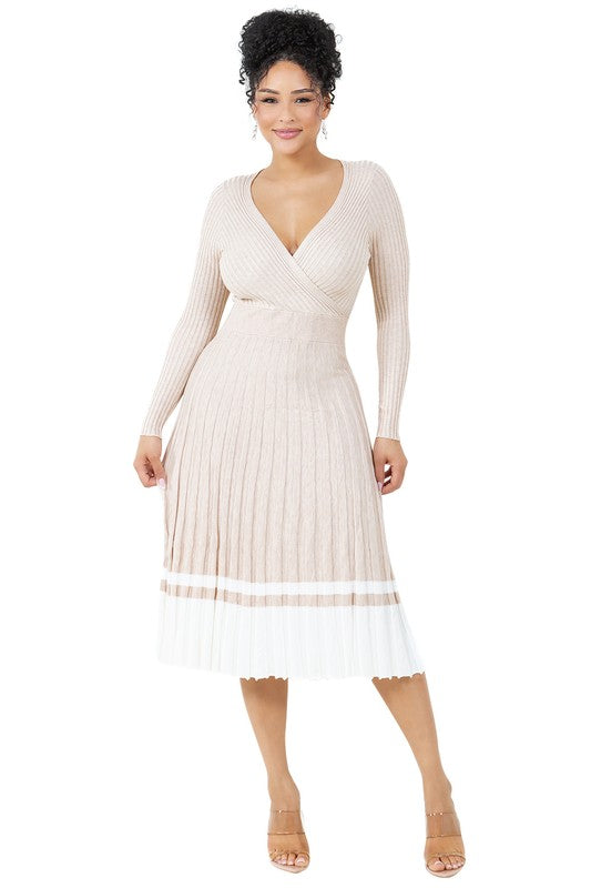 LONG SLEEVE PLEATED MIDI SWEATER DRESS