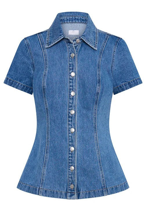 DENIM SHORT SLEEVE BUTTON DOWN SHIRT AND MINI SKIRT SET