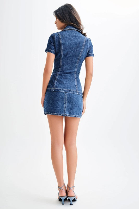 DENIM SHORT SLEEVE BUTTON DOWN SHIRT AND MINI SKIRT SET