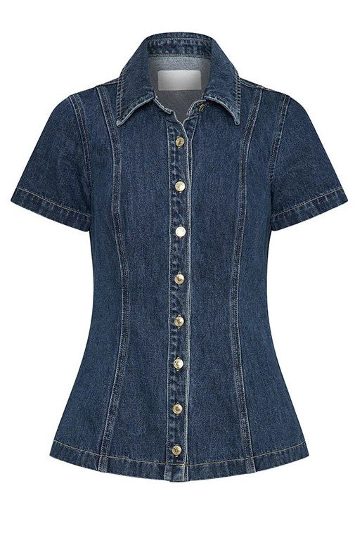 DENIM SHORT SLEEVE BUTTON DOWN SHIRT AND MINI SKIRT SET