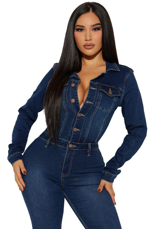 LONG SLEEVE BUTTON FRONT DENIM JUMPSUIT