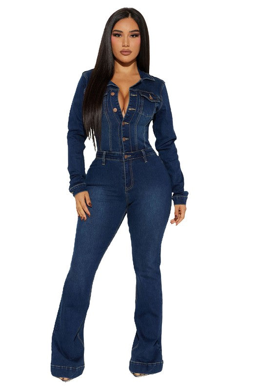 LONG SLEEVE BUTTON FRONT DENIM JUMPSUIT