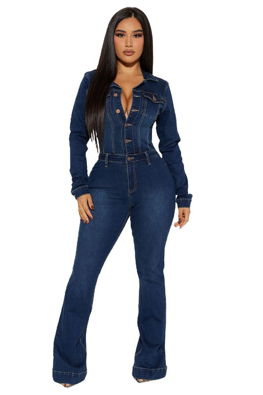 LONG SLEEVE BUTTON FRONT DENIM JUMPSUIT