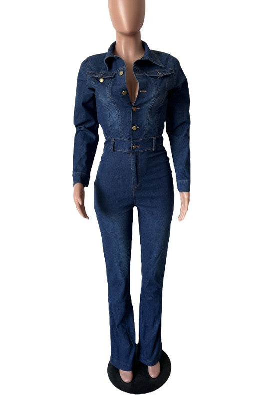 LONG SLEEVE BUTTON FRONT DENIM JUMPSUIT