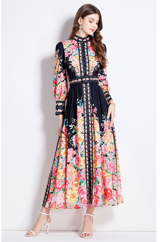 LONG SLEEVE FLORAL PRINT MAXI DRESS