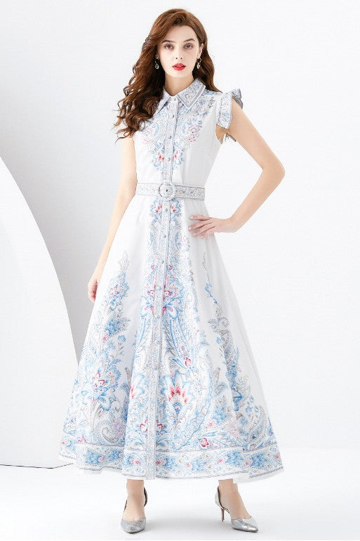 FLUTTER SLEEVE PRINTED MAXI DRESS