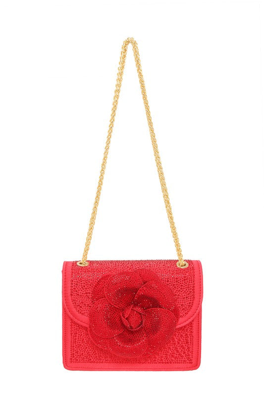 RHINESTONE SQUARE BAG WITH ROSE ACCENT