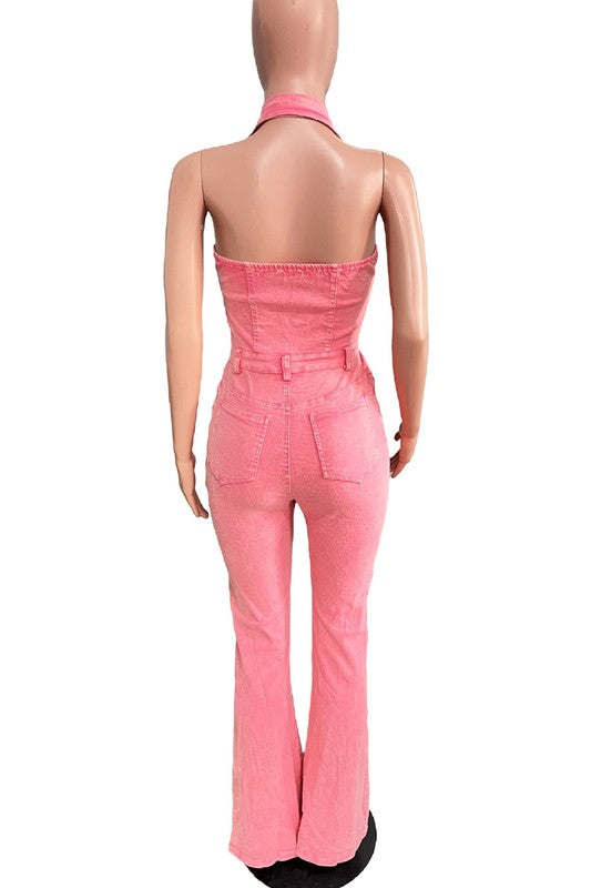 HALTER DENIM JUMPSUIT