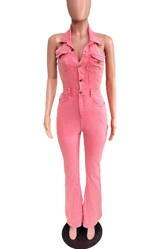 HALTER DENIM JUMPSUIT