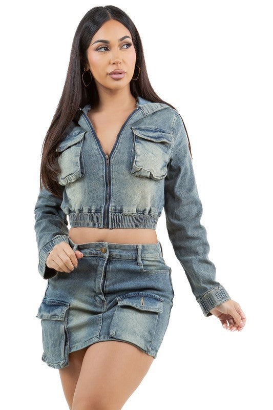 DENIM CARGO SKIRT SET