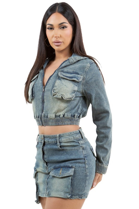 DENIM CARGO SKIRT SET