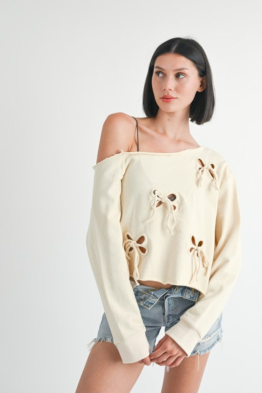 OFF THE SHOULDER FRENCH TERRY TOP WITH CUTOUT DETAIL