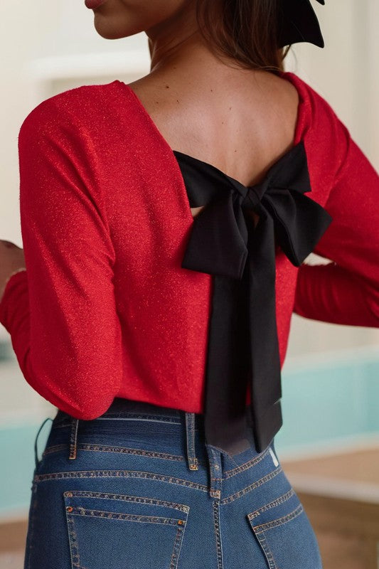 BOW KNOT V NECK LONG SLEEVE TOP