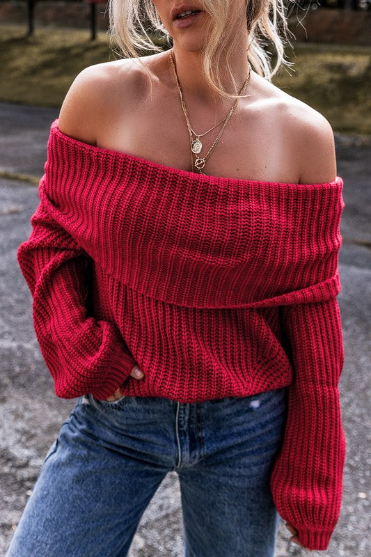 OFF THE SHOULDER RIBBED KNIT SWEATER