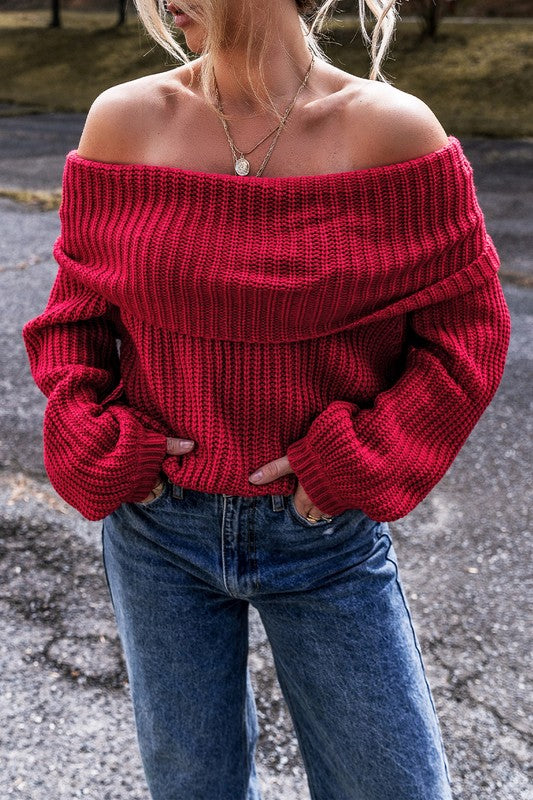 OFF THE SHOULDER RIBBED KNIT SWEATER