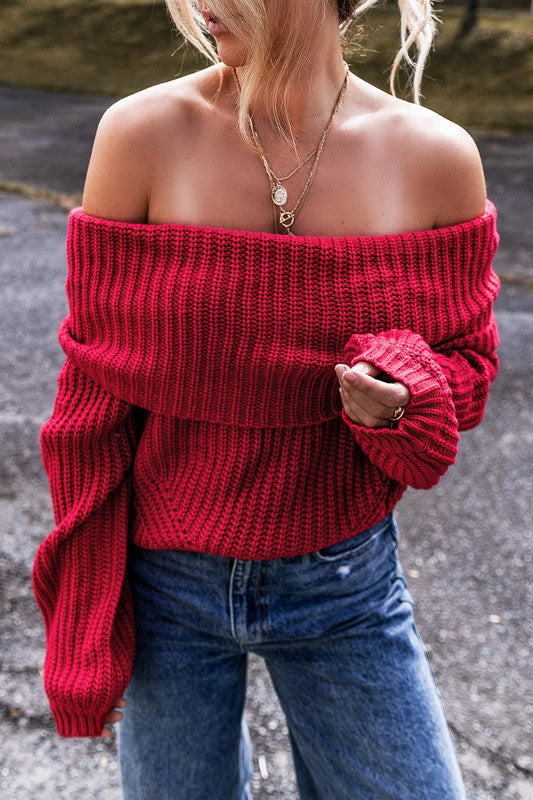 OFF THE SHOULDER RIBBED KNIT SWEATER