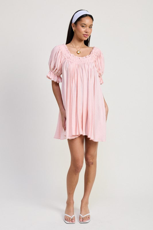 MINI EMBROIDERY SHORT PUFF SLEEVE DRESS