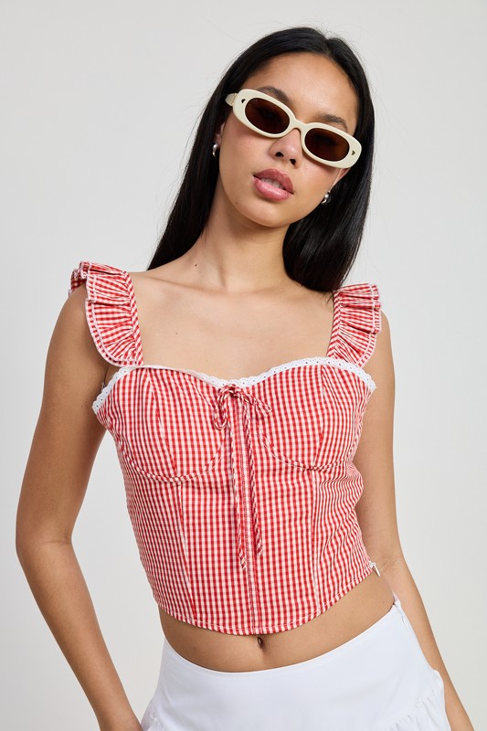 GINGHAM RUFFLE SLEEVE CORSET TOP