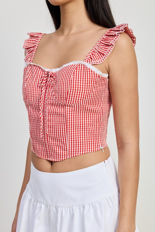 GINGHAM RUFFLE SLEEVE CORSET TOP