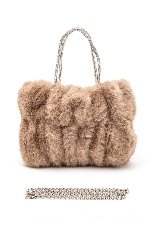 RHINESTONE TOP HANDLE FAUX FUR WINTER TOTE BAG