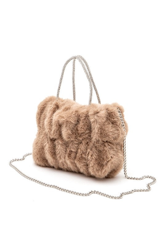 RHINESTONE TOP HANDLE FAUX FUR WINTER TOTE BAG