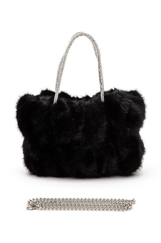 RHINESTONE TOP HANDLE FAUX FUR WINTER TOTE BAG